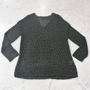 Eileen Fisher Viscose Long Sleeve Fishnet Knitted Grey Gold Shimmer Medium Top